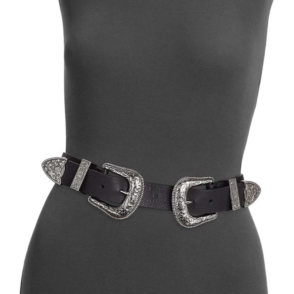 NWT S 33” Double Buckle Black Belt Cowgirl Western silver buckles.